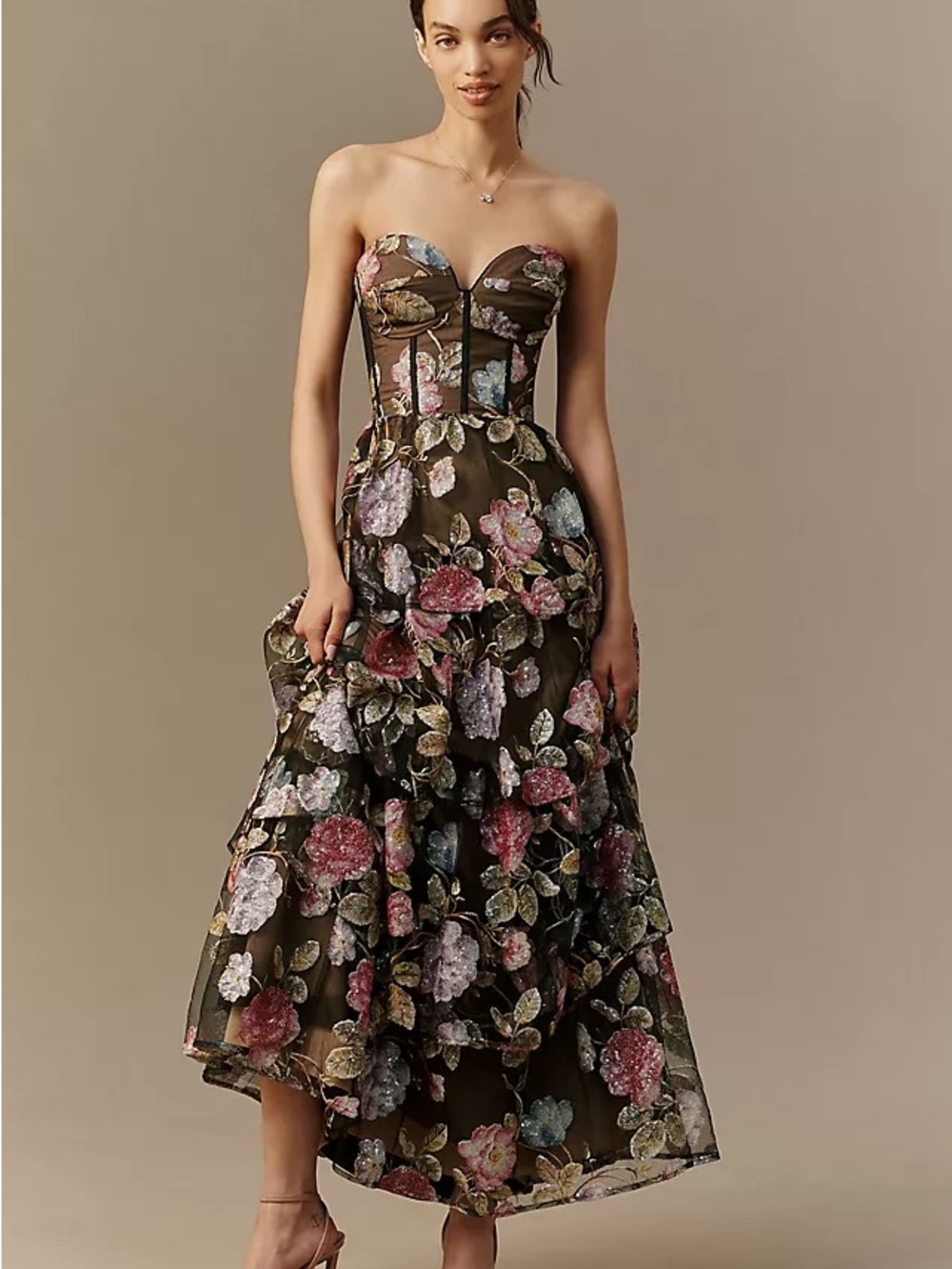 Dress the Population Olive Strapless Floral Embroidered Midi Dress